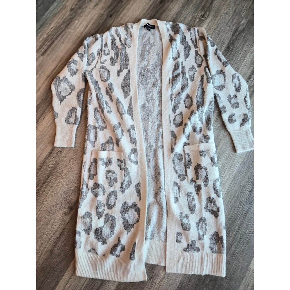 Express Womens Leopard Print Metallic Duster Cardigan Sweater Grey White XS